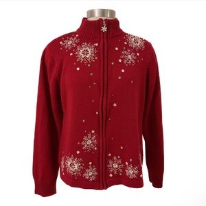 Red Snowflake Full Zip Cardigan Sweater Women’s Size M